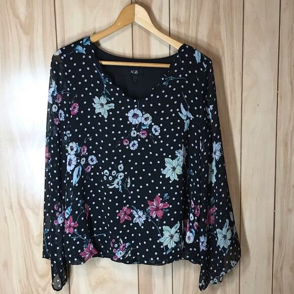 NWT AGB Pok A Dot Floral V-Neck Long Sleeve Blouse S - Picture 1 of 6